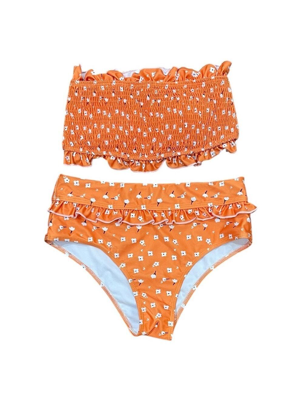 Strapless 2 Pc Orange Floral Bikini 2PC Swimsuit SZ L